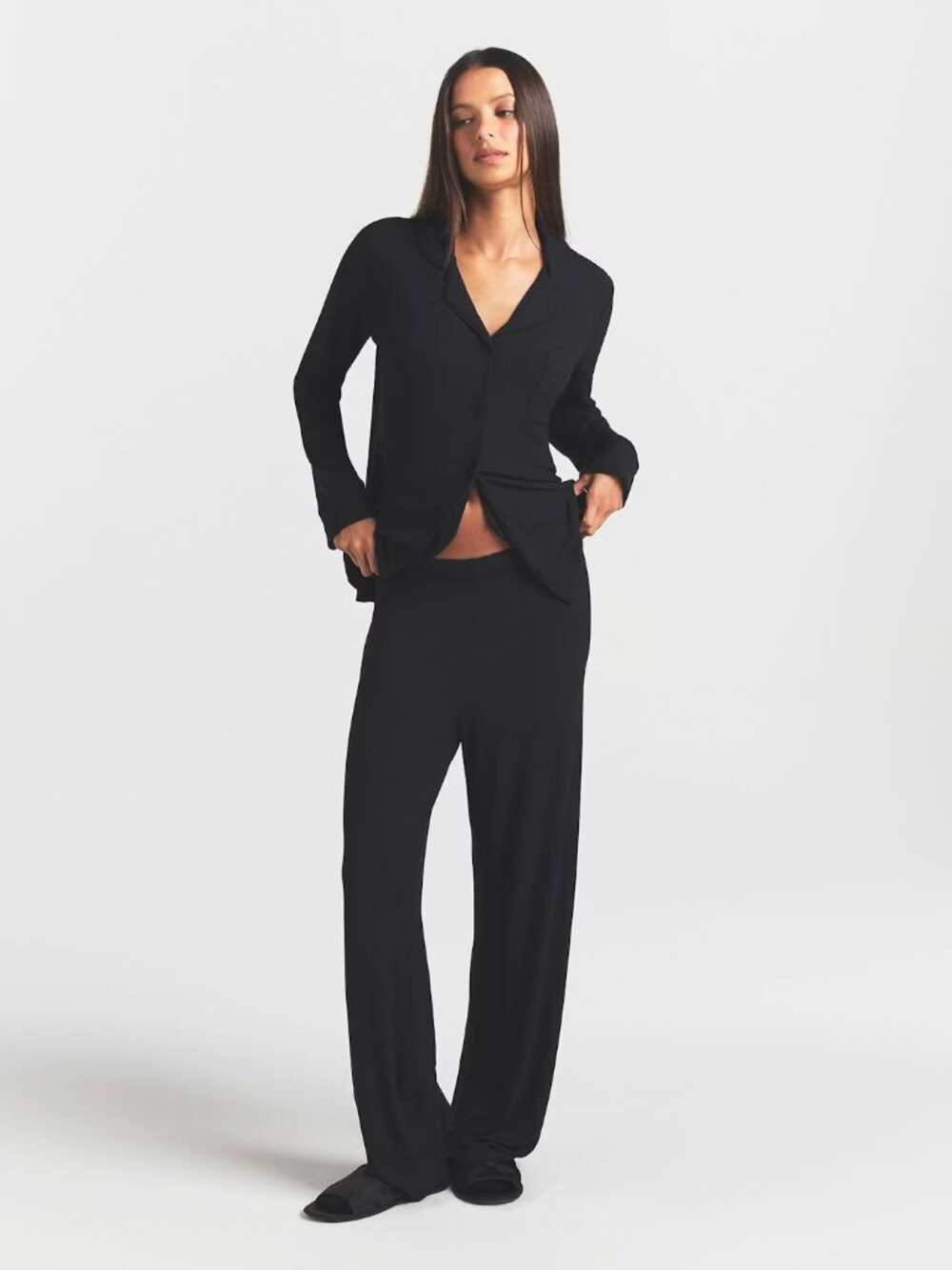 Skims Long Sleeve Top/Pants Onyx/Black Ribbed /Lounge Pajama Set NWOT Size M